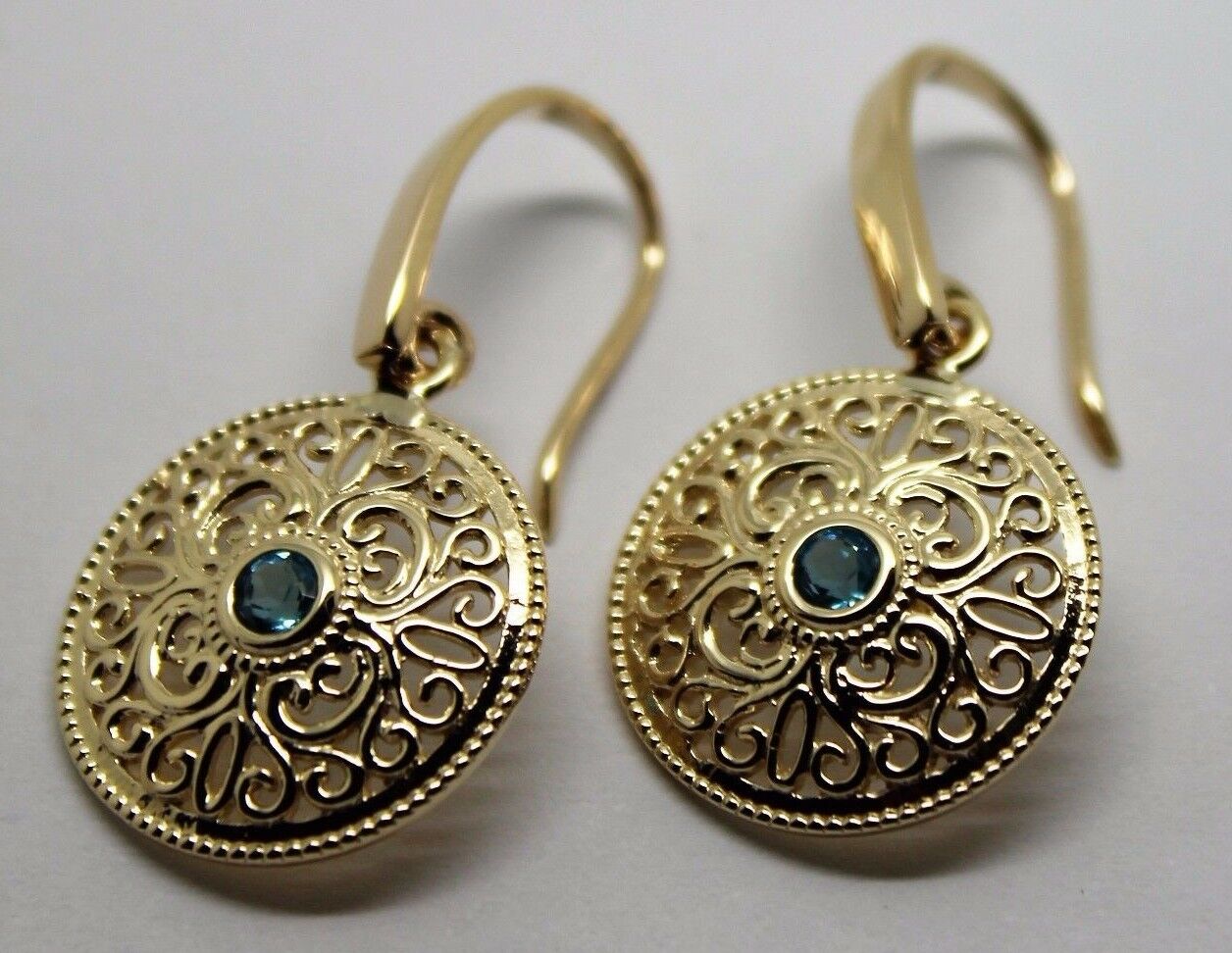 Genuine 9ct Solid Yellow, Rose or White Gold Blue Topaz Filigree Round Drop Earrings