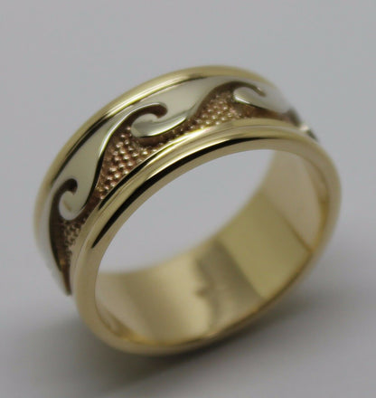 Solid Genuine 9ct 9kt Yellow And White Gold Mens Surf Wave Ring - Choose your ring size