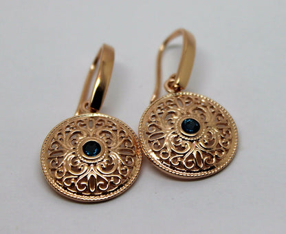 Genuine 9ct Solid Yellow, Rose or White Gold Round London Blue Topaz Filigree Earrings