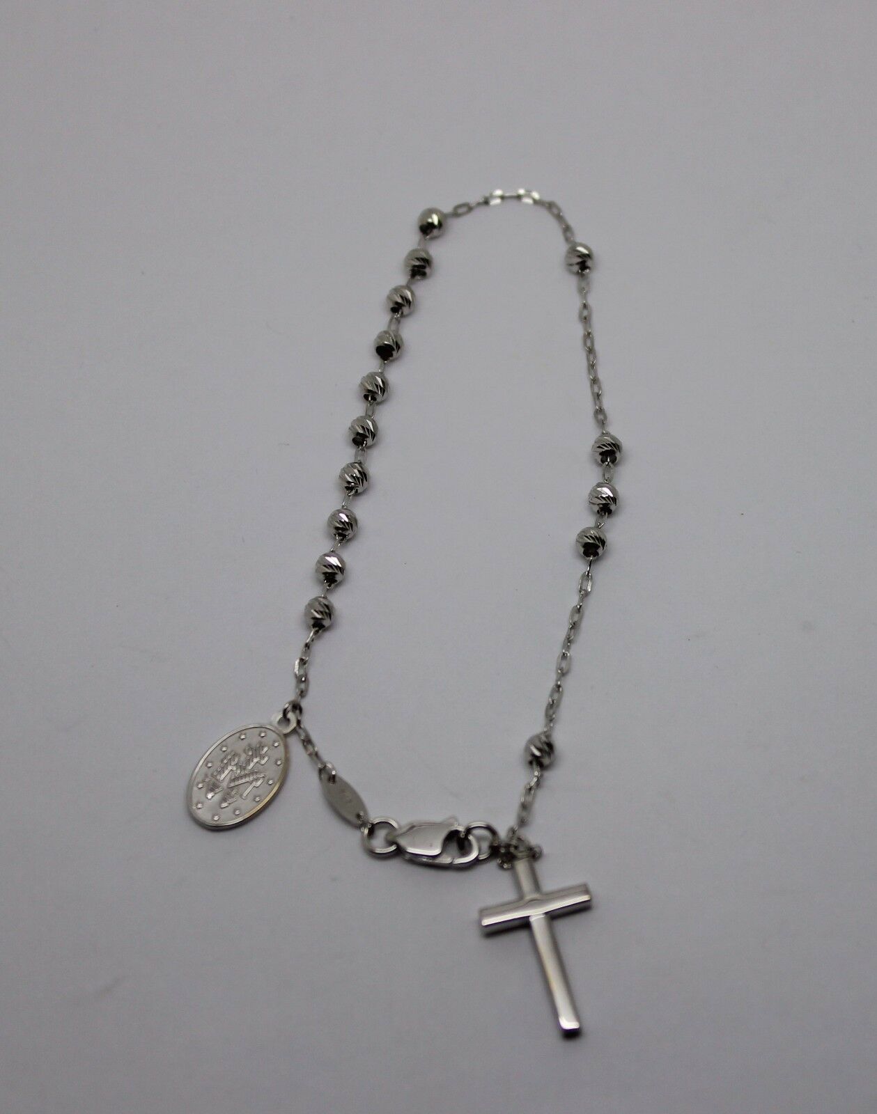Genuine 18ct 750 White Gold Rosary Beads Cross Bracelet