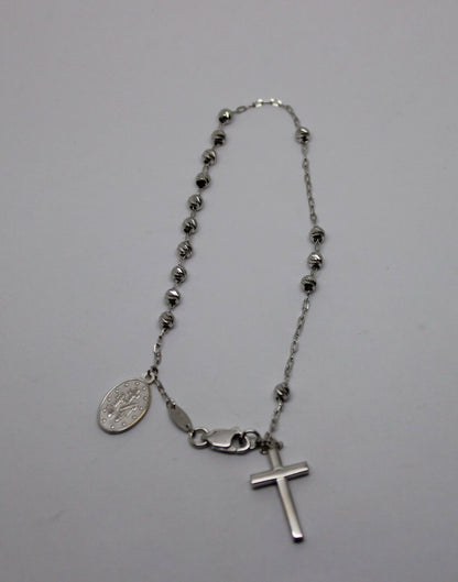 Genuine 18ct 750 White Gold Rosary Beads Cross Bracelet
