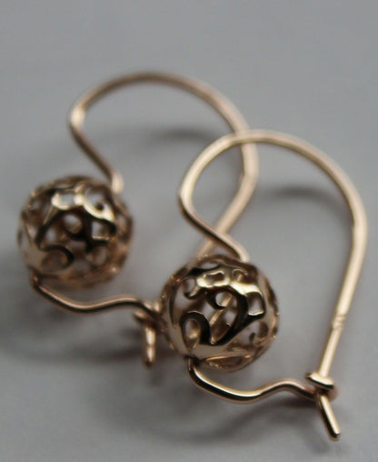 Genuine Solid 9ct 9k 375 Yellow, Rose or White Gold 10mm Euro Ball Drop Filigree Flower Earrings