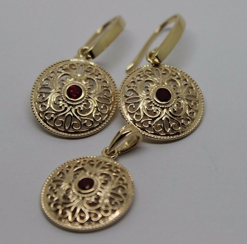 Kaedesigns Genuine 9K 9ct Yellow, Rose or White Gold Filigree Ruby Pendant & Earrings Set