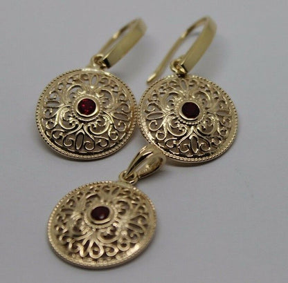 Kaedesigns Genuine 9K 9ct Yellow, Rose or White Gold Filigree Ruby Pendant & Earrings Set