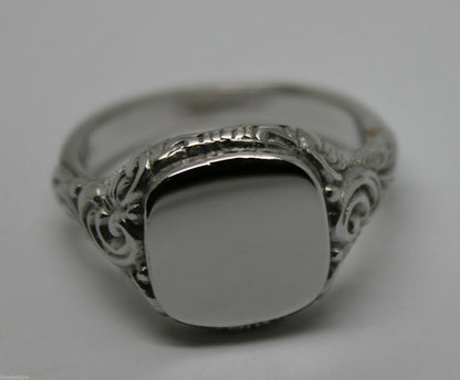 Genuine Solid Large Mens 9ct White Gold Square Engraved Signet Ring Size V