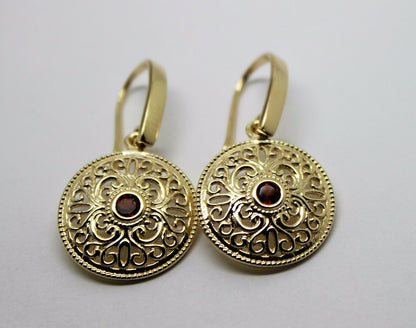 Kaedesigns 9ct Solid Yellow, Rose or White Gold Antique Red Garnet Filigree Drop Earrings