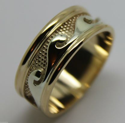 Solid Genuine 9ct 9kt Yellow And White Gold Mens Surf Wave Ring - Choose your ring size
