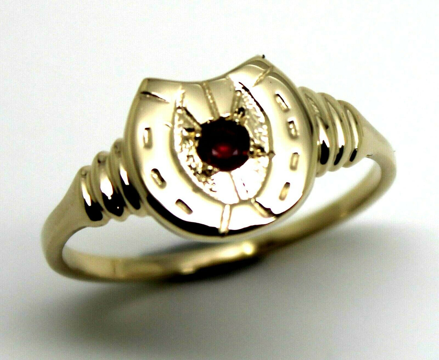 Size N 1/2,  Large 9ct 9k Genuine Yellow, Rose or White Gold 3mm Ruby Lucky Horse Shoe Ring