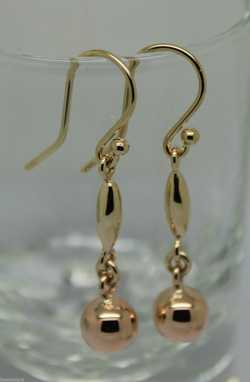 Genuine 9ct Yellow & Rose Gold 8mm Ball Long Drop Earrings