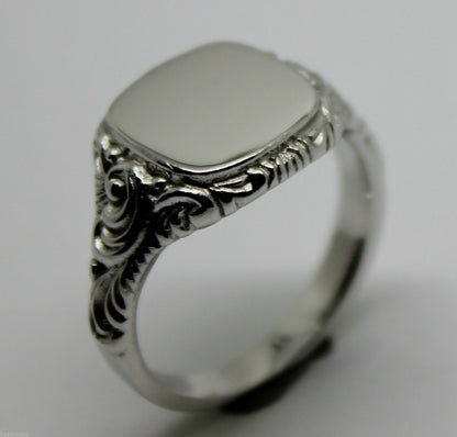 Genuine Solid Large Mens 9ct White Gold Square Engraved Signet Ring Size V