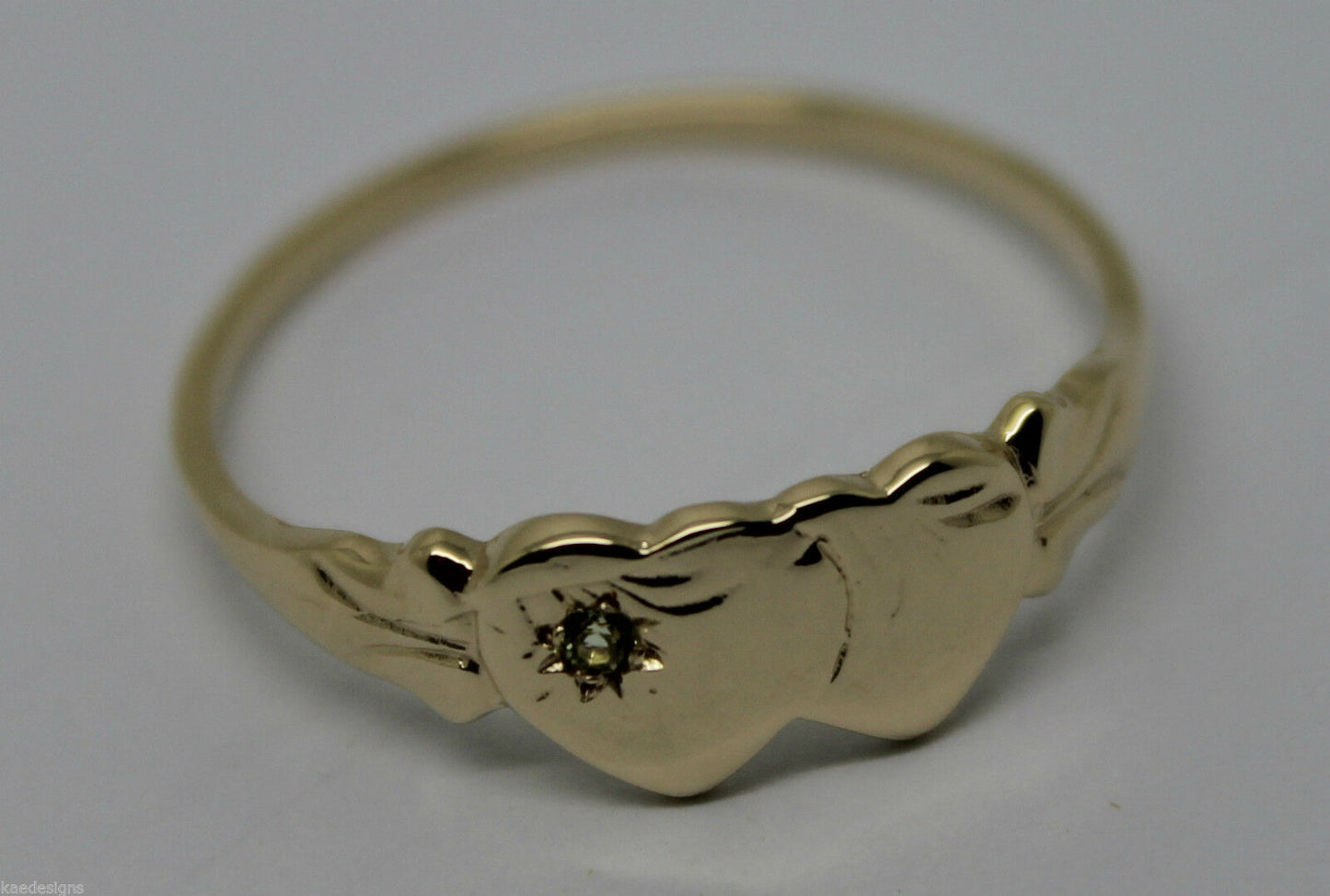 Genuine 9ct 9k 375 Yellow, Rose or White Gold Double Heart Signet Ring Peridot -August Birthstone