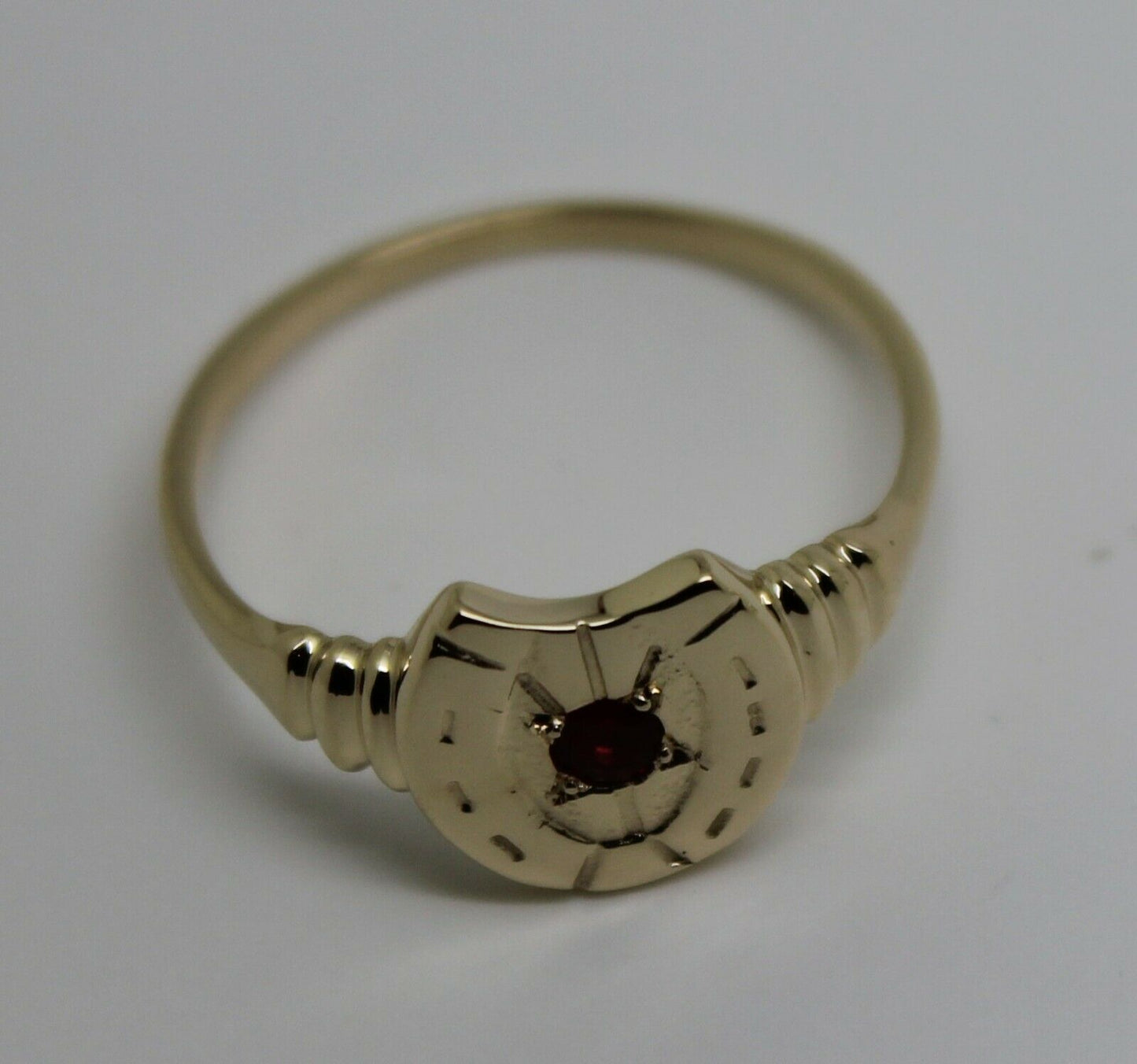 Size N 1/2,  Large 9ct 9k Genuine Yellow, Rose or White Gold 3mm Ruby Lucky Horse Shoe Ring