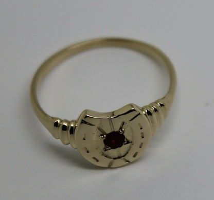 Size N 1/2,  Large 9ct 9k Genuine Yellow, Rose or White Gold 3mm Ruby Lucky Horse Shoe Ring