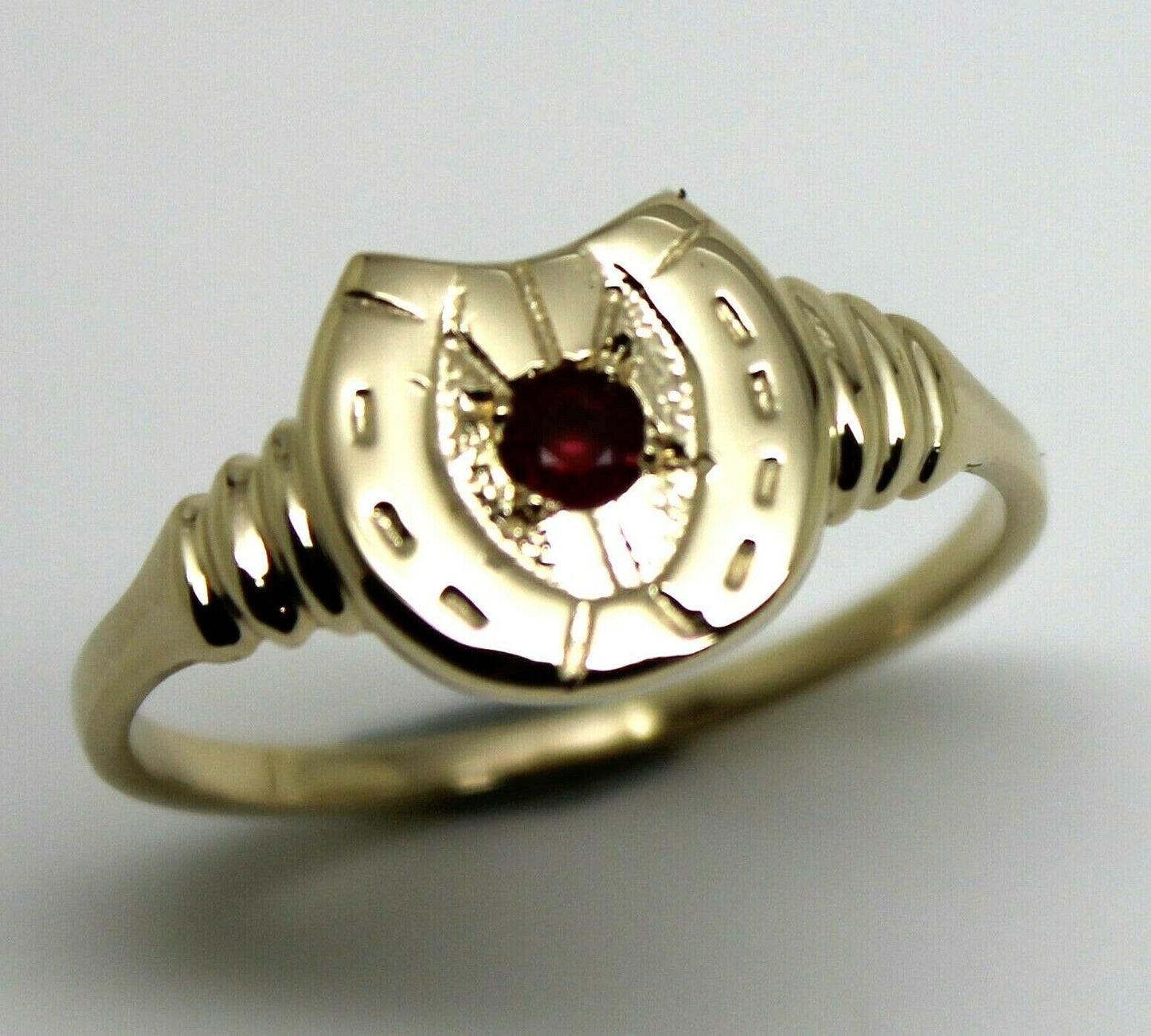 Size N 1/2,  Large 9ct 9k Genuine Yellow, Rose or White Gold 3mm Ruby Lucky Horse Shoe Ring