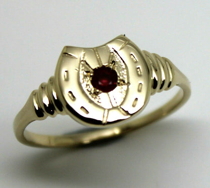 Size N 1/2,  Large 9ct 9k Genuine Yellow, Rose or White Gold 3mm Ruby Lucky Horse Shoe Ring