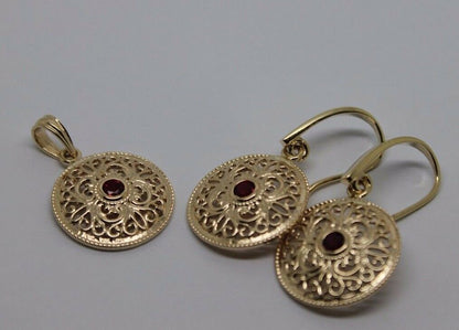 Kaedesigns Genuine 9K 9ct Yellow, Rose or White Gold Filigree Ruby Pendant & Earrings Set