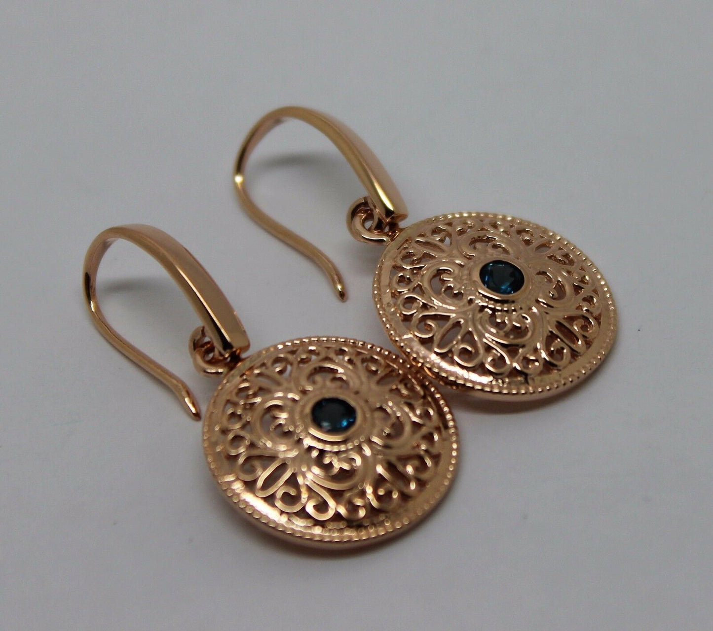 Genuine 9ct Solid Yellow, Rose or White Gold Round London Blue Topaz Filigree Earrings