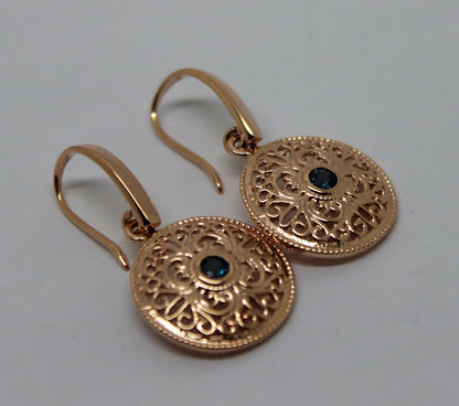 Genuine 9ct Solid Yellow, Rose or White Gold Round London Blue Topaz Filigree Earrings