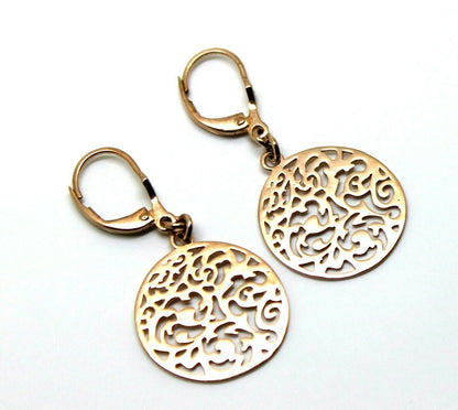 Genuine 9ct Yellow, Rose Or White Gold Antique Filigree Drop Earrings Continental hooks