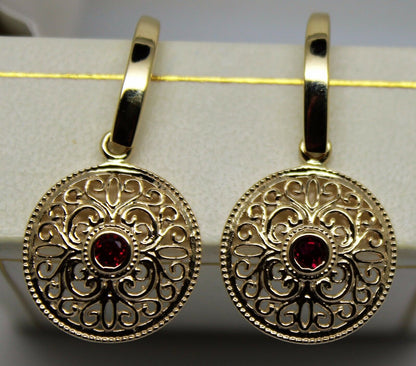 New 9ct Solid Yellow, Rose or White Gold Antique Ruby Filigree Drop Earrings -July Birthstone