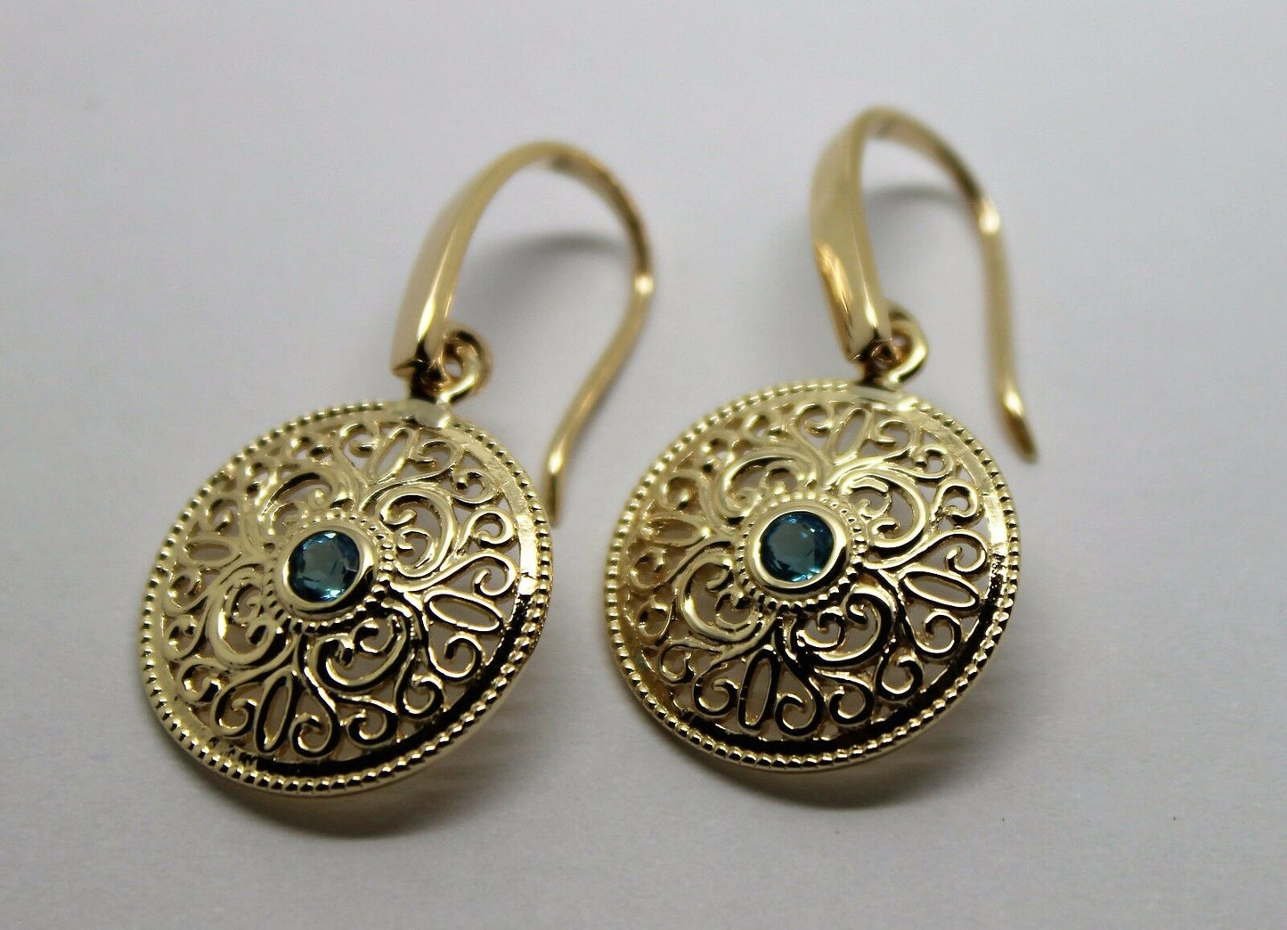 Genuine 9ct Solid Yellow, Rose or White Gold Blue Topaz Filigree Round Drop Earrings