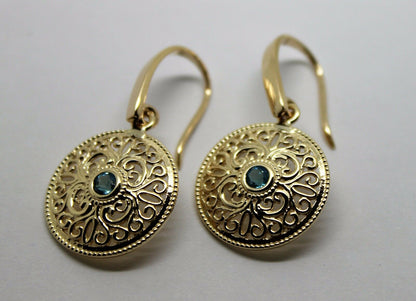 Genuine 9ct Solid Yellow, Rose or White Gold Blue Topaz Filigree Round Drop Earrings