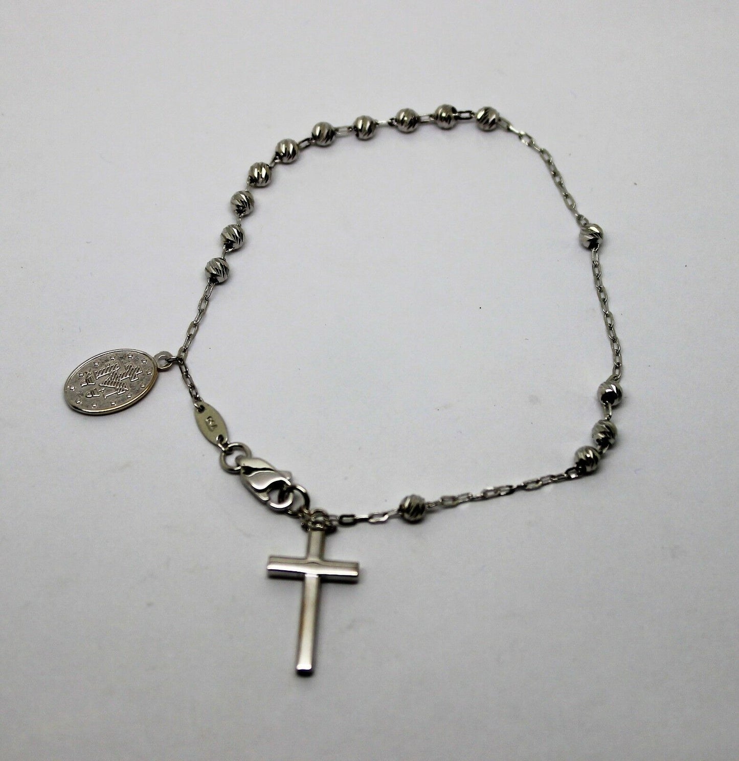 Genuine 18ct 750 White Gold Rosary Beads Cross Bracelet