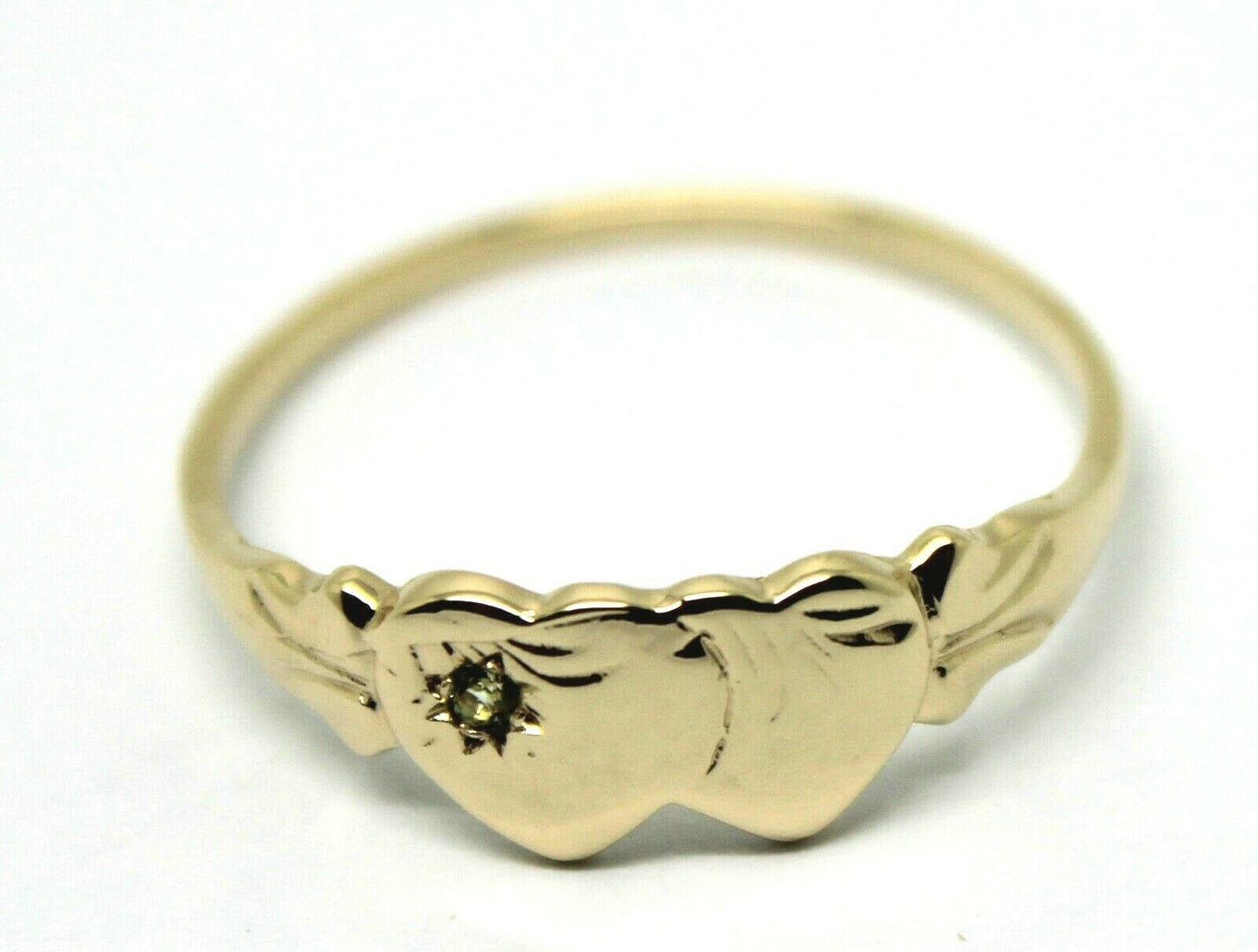Genuine 9ct 9k 375 Yellow Gold Double Heart Yellow Green Peridot August Birthstone Signet Ring In your size