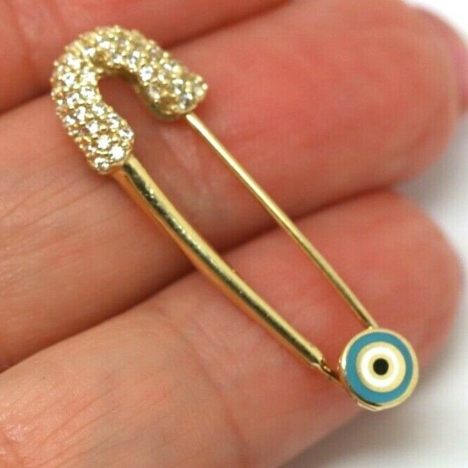 14ct Yellow Gold Baby Child's Kids Cubic Zirconia Brooch Evil Eye Mati