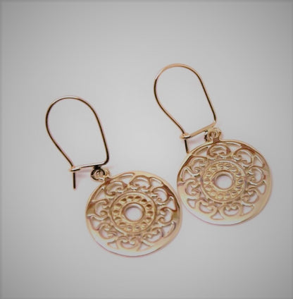 Genuine 9ct Yellow, Rose Or White Gold Flat Filigree Drop Round Closed Hooks Earrings