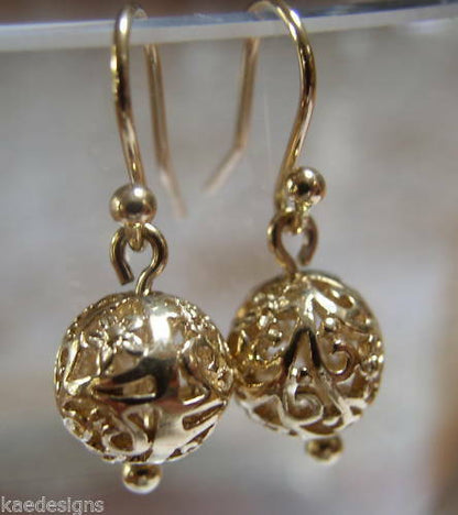Kaedesigns Genuine 9ct Yellow, Rose or White Gold 10mm Euro Ball Drop Filigree Earrings