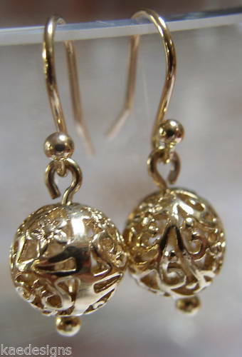 Kaedesigns Genuine 9ct Yellow, Rose or White Gold 10mm Euro Ball Drop Filigree Earrings