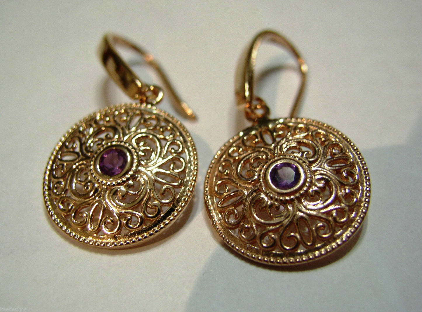 Kaedesigns New 9ct 9k Yellow, Rose or White Gold Amethyst Filigree Earrings