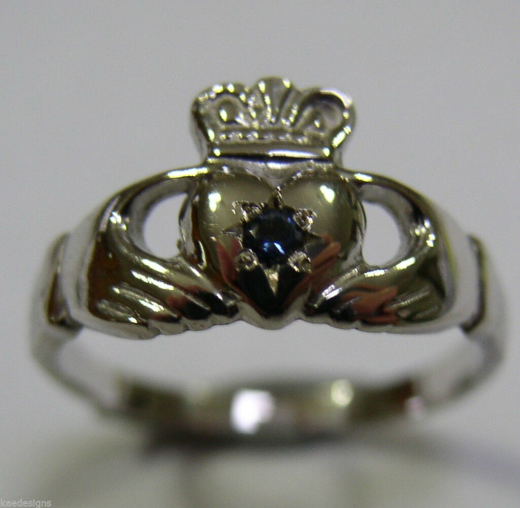 Genuine 9ct White Gold Ceylon Sapphire (Birthstone Of September) Claddagh Ring