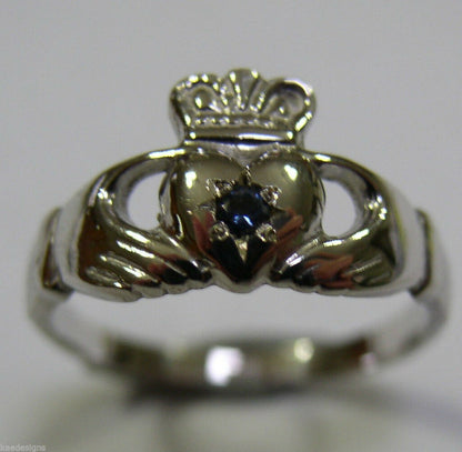 Genuine 9ct White Gold Ceylon Sapphire (Birthstone Of September) Claddagh Ring