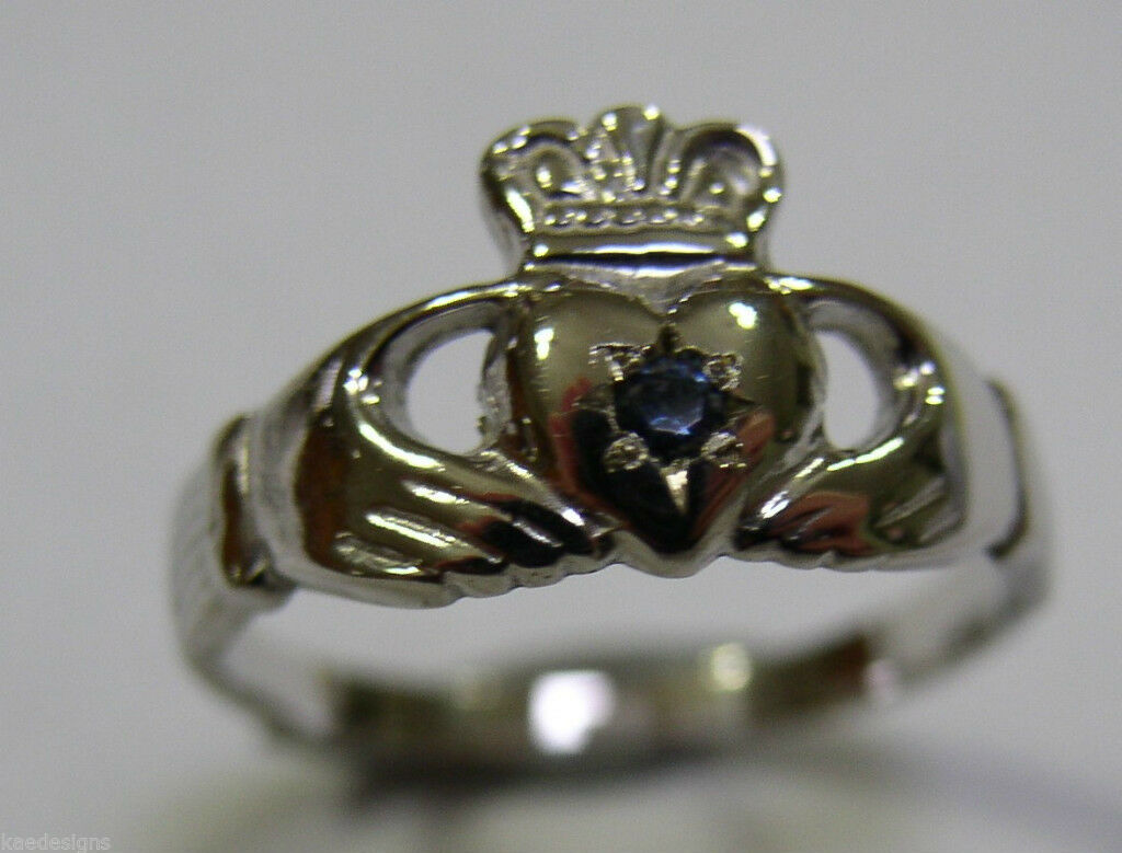 Genuine 9ct White Gold Australian Sapphire (Birthstone September) Claddagh Ring