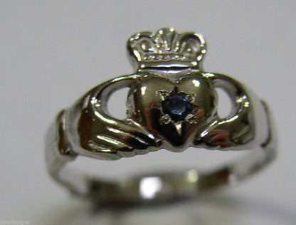 Genuine 9ct White Gold Australian Sapphire (Birthstone September) Claddagh Ring