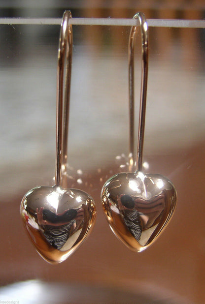 Kaedesigns New 9ct 9k Yellow, Rose or White Gold Dangle Puffed Heart Long Hooks Earrings