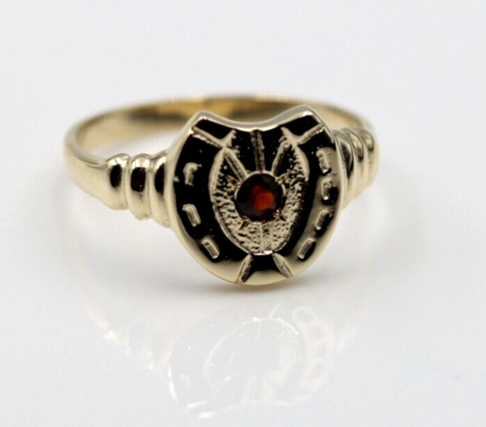 Size Z, Large 9ct 9k Genuine Yellow, Rose or White Gold 3mm Ruby Lucky Horse Shoe Ring