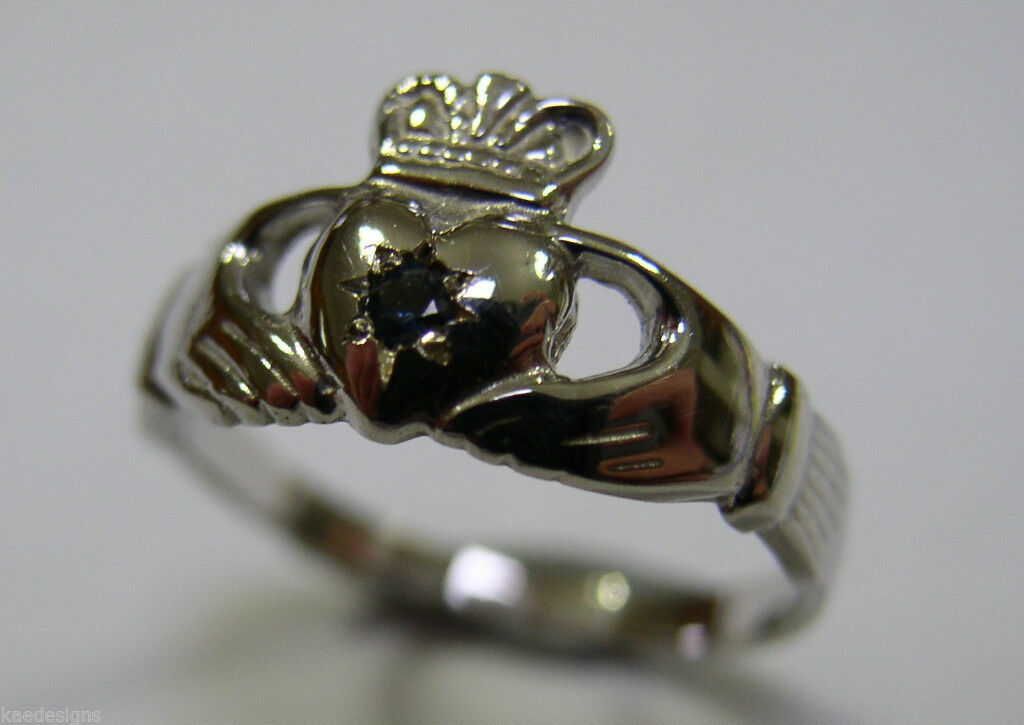 Genuine 9ct White Gold Ceylon Sapphire (Birthstone Of September) Claddagh Ring