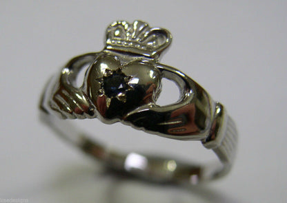Genuine 9ct White Gold Ceylon Sapphire (Birthstone Of September) Claddagh Ring