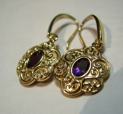 Genuine Heavy 9ct 9K Solid Yellow, Rose or White Gold Antique Amethyst Filigree Drop Earrings