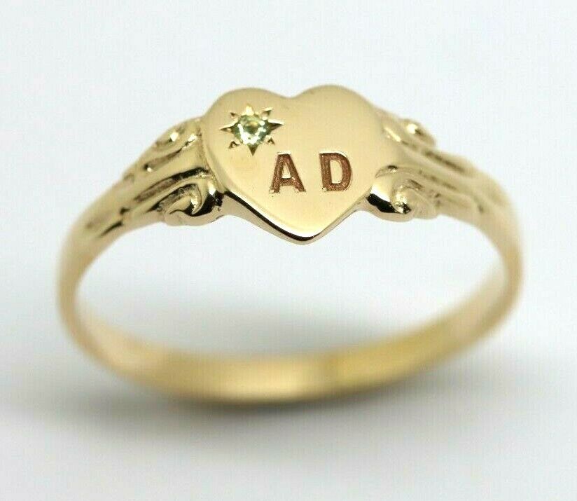 Size J,  August Birthstone 9ct 9k Yellow, Rose or White Gold 375 Green Peridot Stone Heart Signet Ring + Engraving