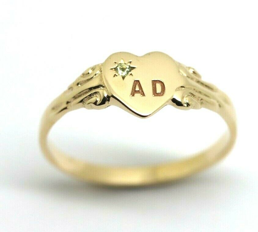 Size J,  August Birthstone 9ct 9k Yellow, Rose or White Gold 375 Green Peridot Stone Heart Signet Ring + Engraving