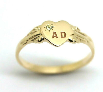 Size J,  August Birthstone 9ct 9k Yellow, Rose or White Gold 375 Green Peridot Stone Heart Signet Ring + Engraving