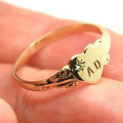 Size J,  August Birthstone 9ct 9k Yellow, Rose or White Gold 375 Green Peridot Stone Heart Signet Ring + Engraving