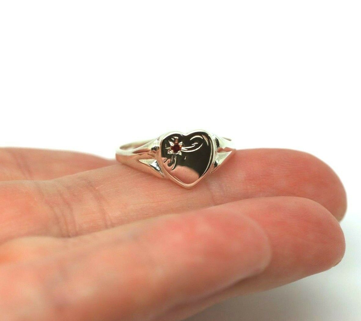 Genuine Large Sterling Silver Heart Set with Garnet Signet Ring - Choose your size
