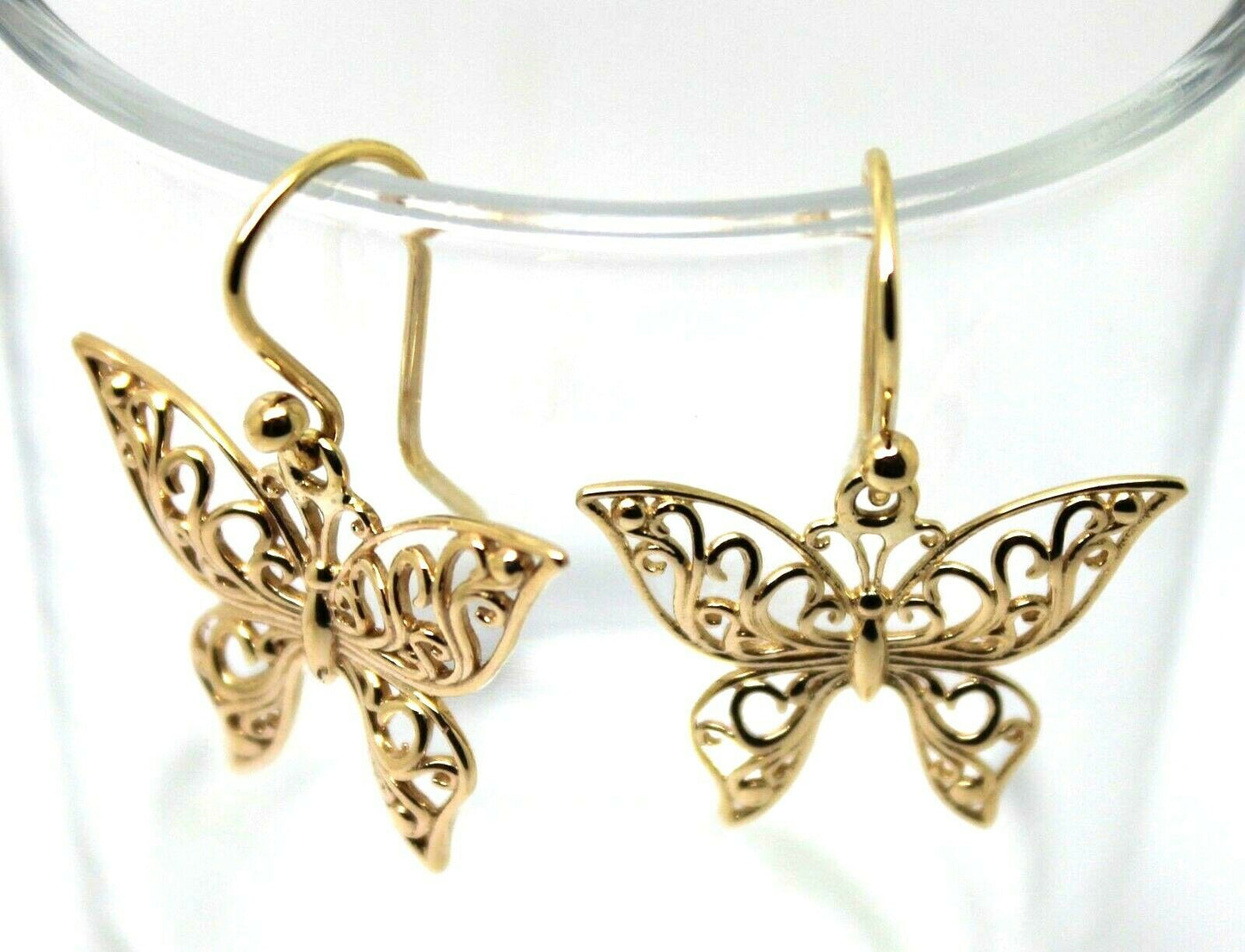 Genuine 9ct 9k 375 Yellow, Rose or White Gold Filigree Butterfly Drop Open Hook Earrings