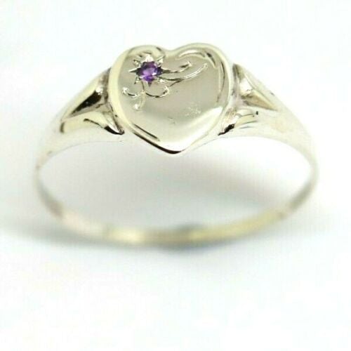 Genuine Large Sterling Silver Heart Set with Amethyst Signet Ring - Choose your size