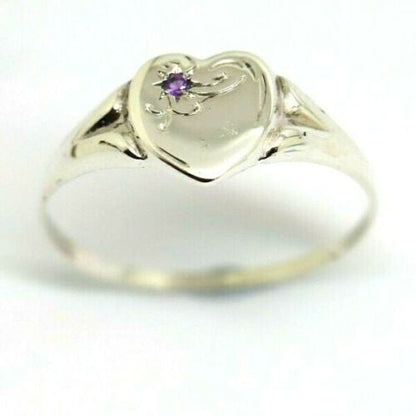 Genuine Large Sterling Silver Heart Set with Amethyst Signet Ring - Choose your size